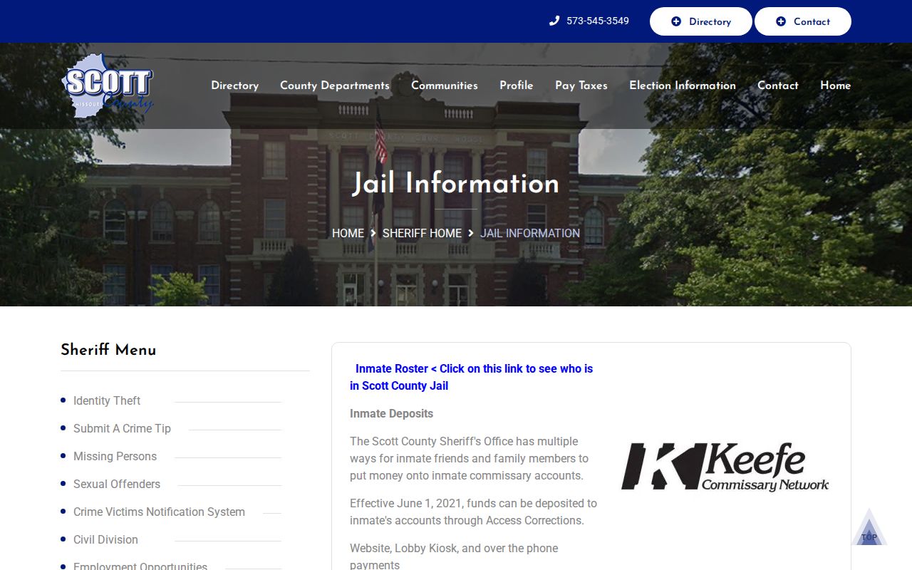 Scott County Jail Information page with official inmate roster route