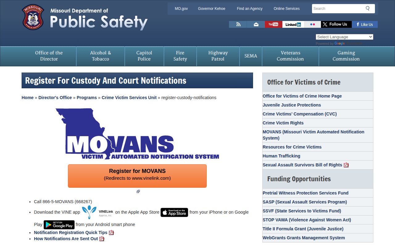Missouri page with VINELink registration and 866-5-MOVANS information