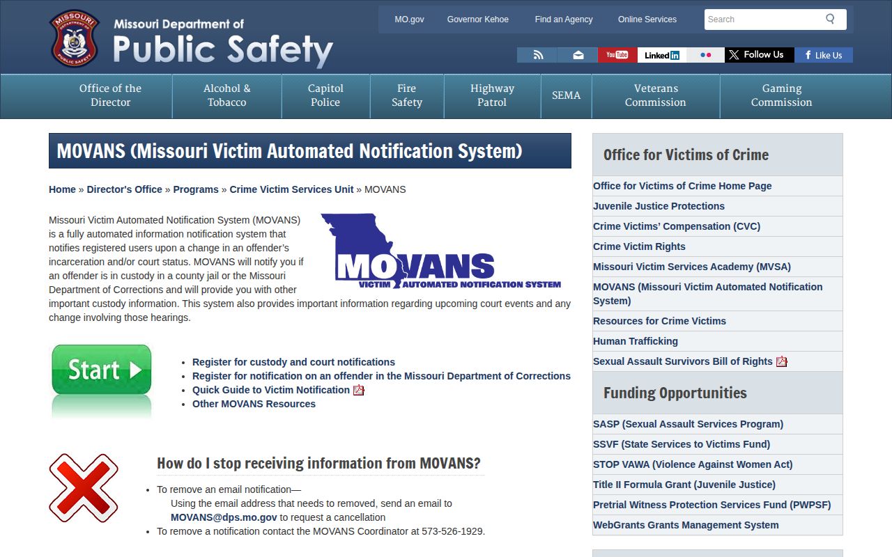 Missouri MOVANS overview describing county jail and state corrections alerts