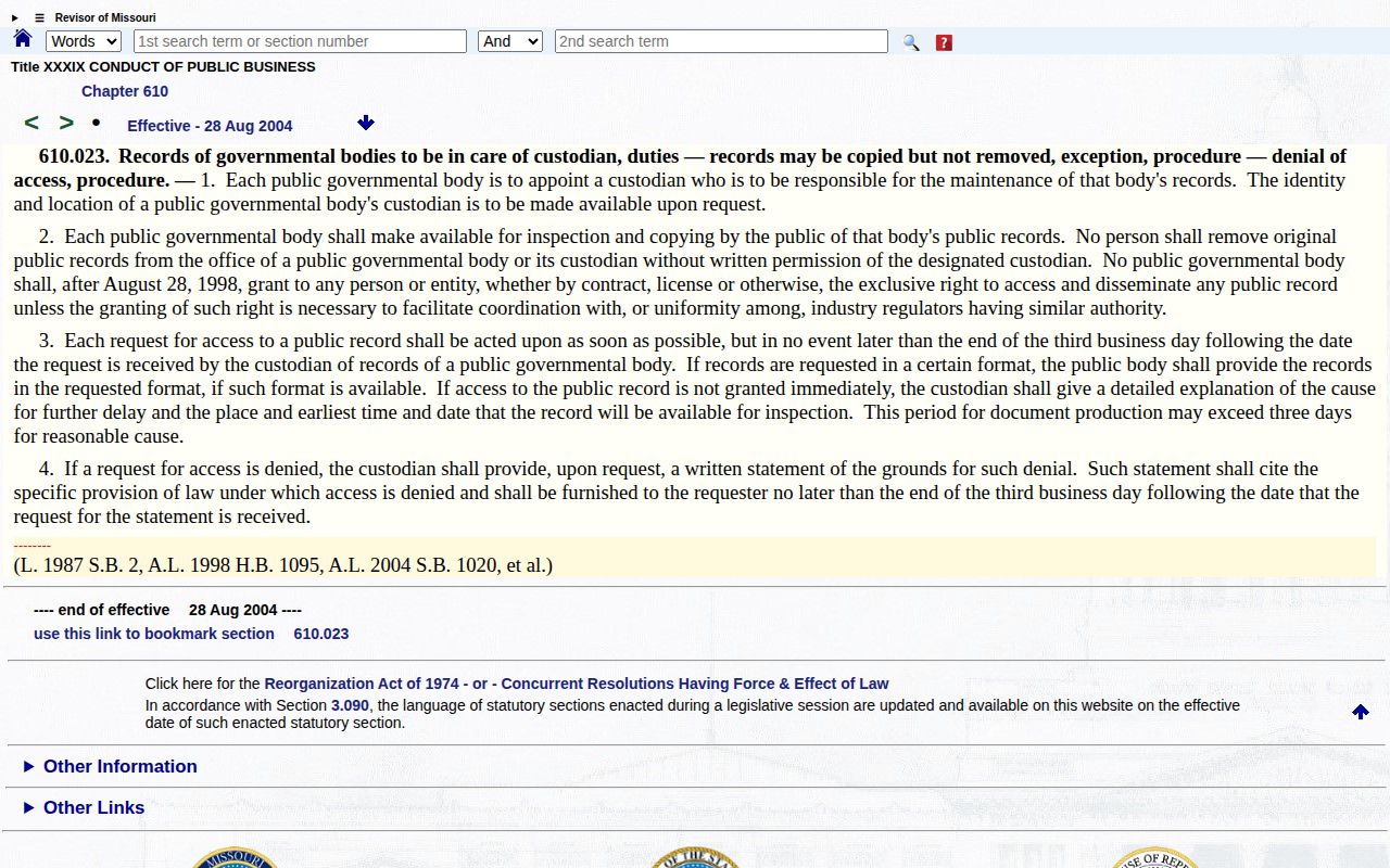 Missouri section 610.023 public records response rule