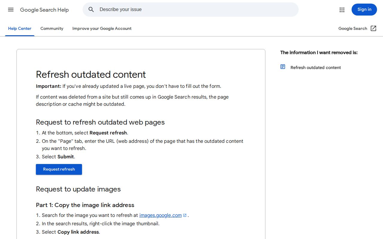 Google Refresh Outdated Content form